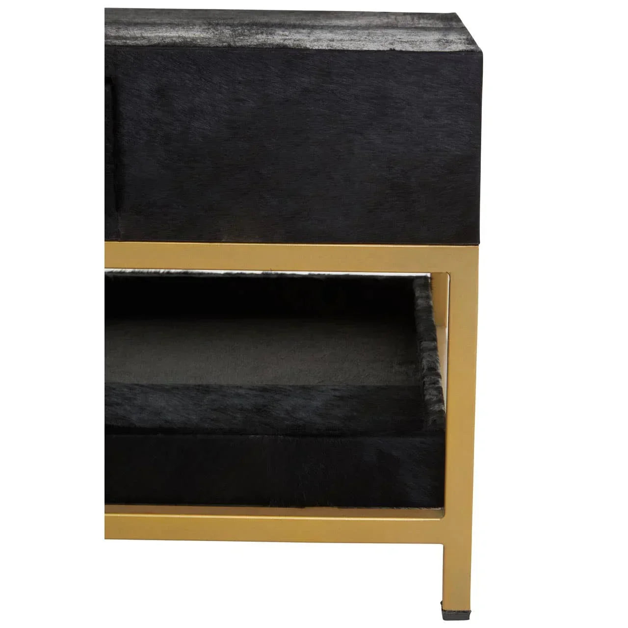 Black side table with gold metal frame and lower shelf detail