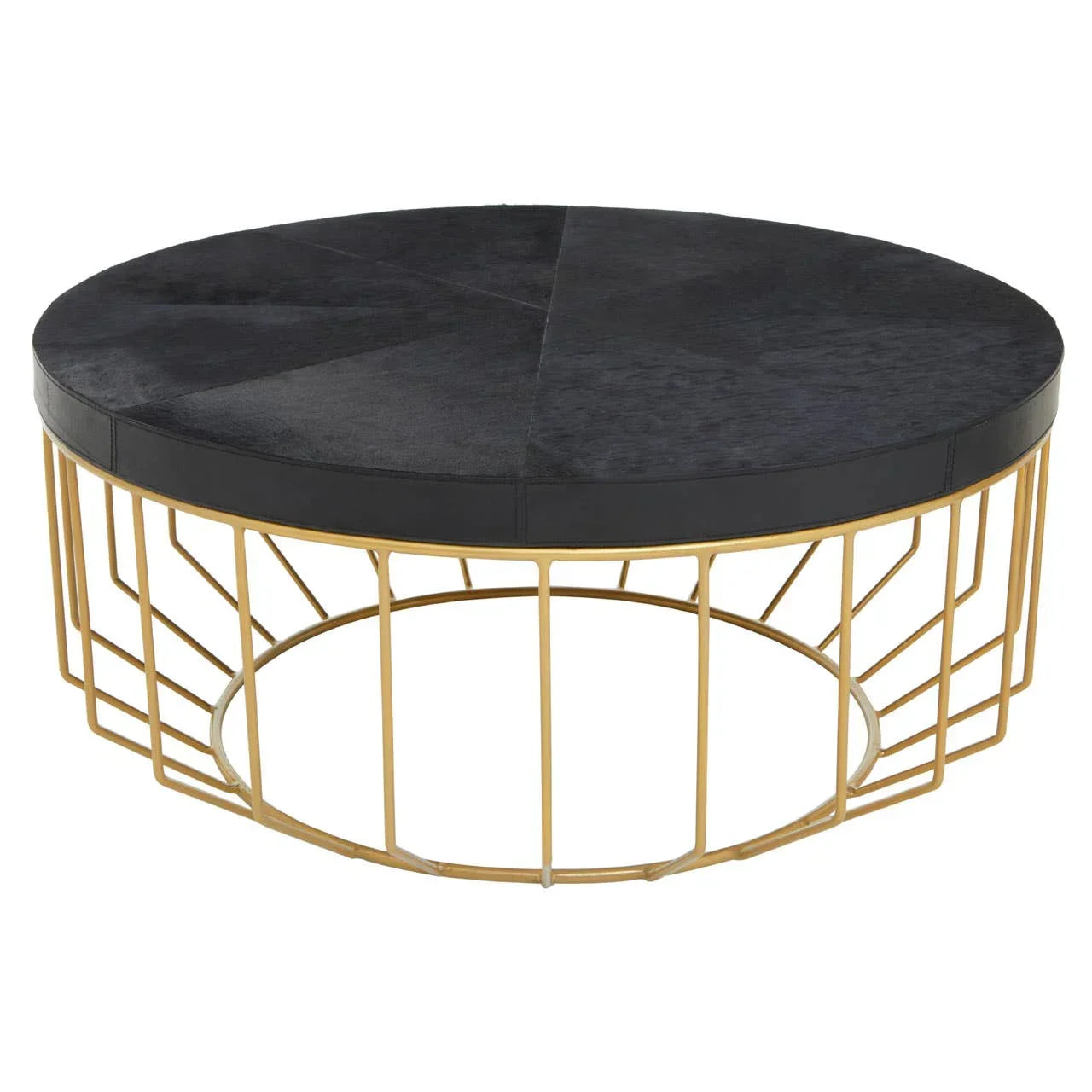 Round black coffee table with gold metal frame and geometric base design