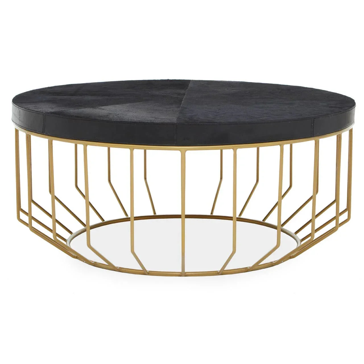 Round coffee table with black top and gold geometric metal base