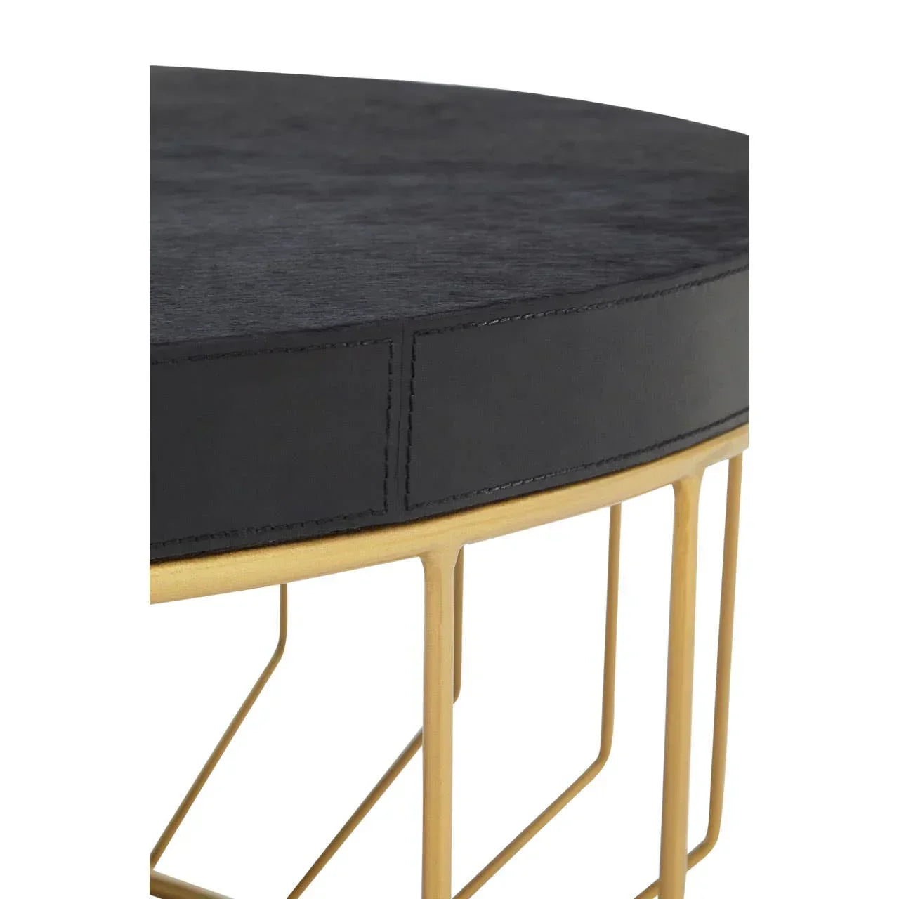 Black velvet ottoman with gold metal frame, close-up of top and stitched side detail