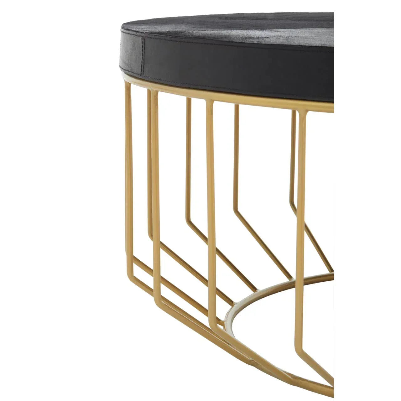 Contemporary coffee table with black upholstered top and gold metal frame, close angle