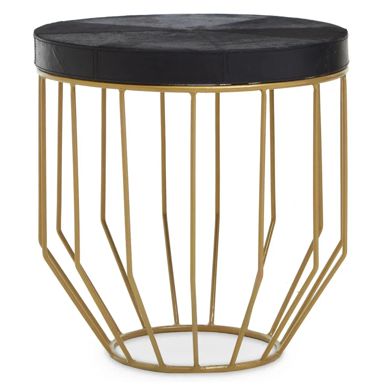 Round side table with black top and gold metal geometric frame