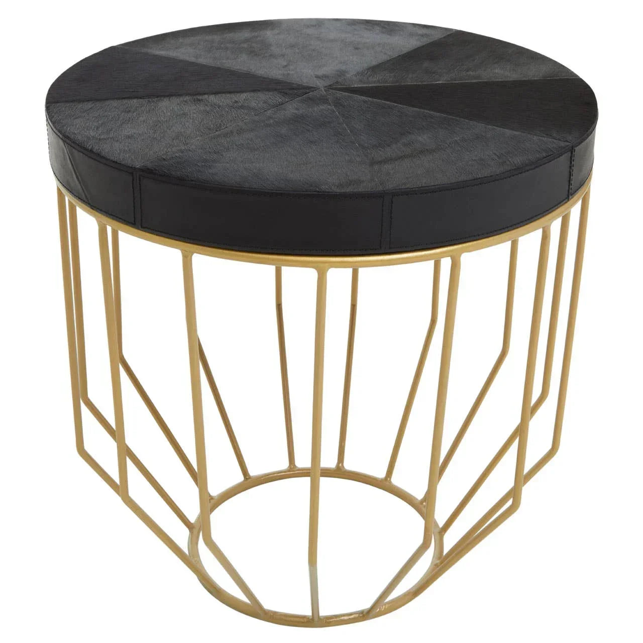 Black round side table with patterned top and gold metal geometric base