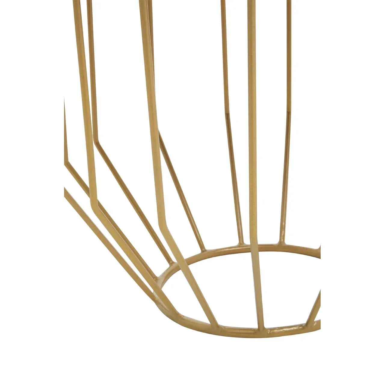Gold metal table base with open geometric wire frame design, close-up view