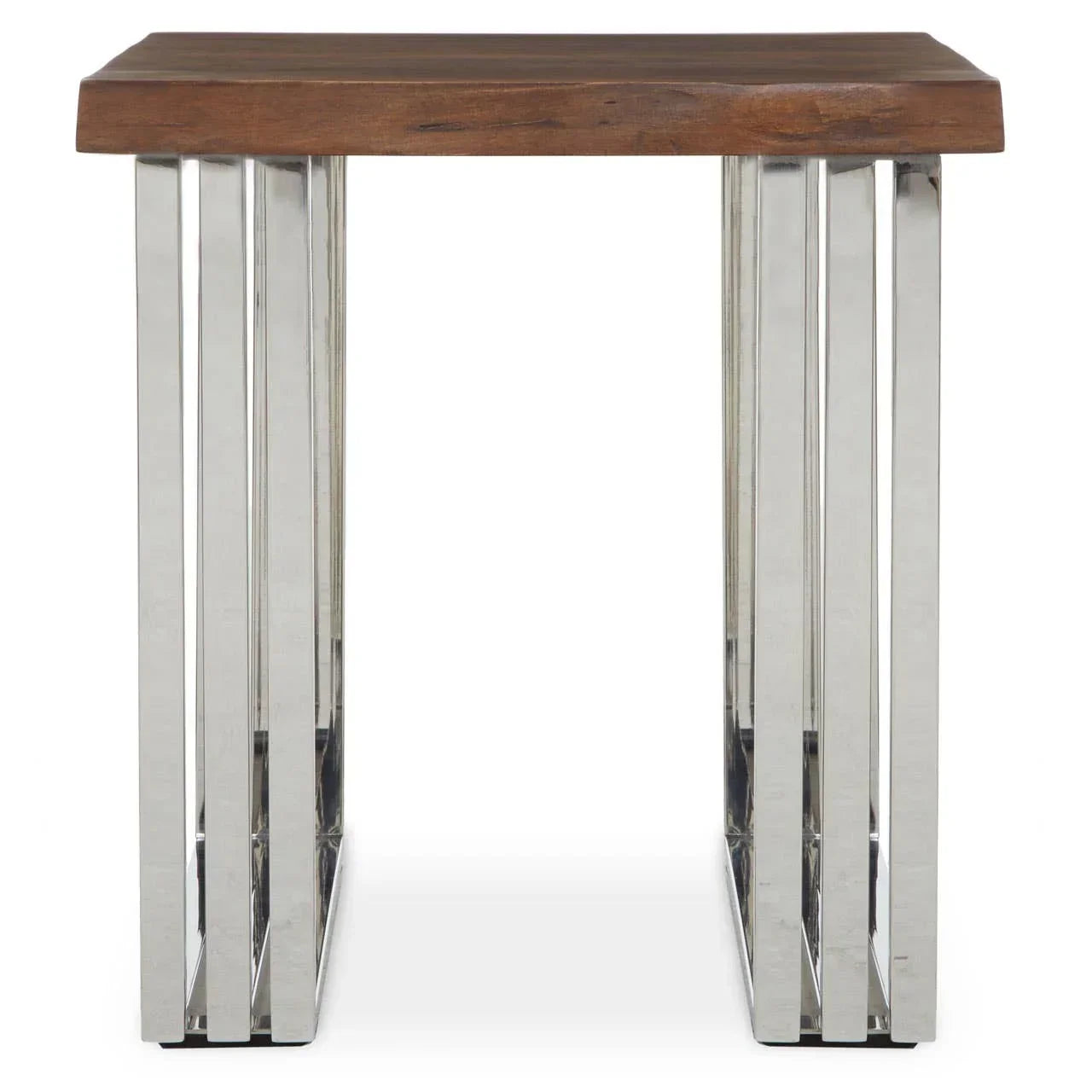 Contemporary side table with solid wood top and chrome metal legs, front view