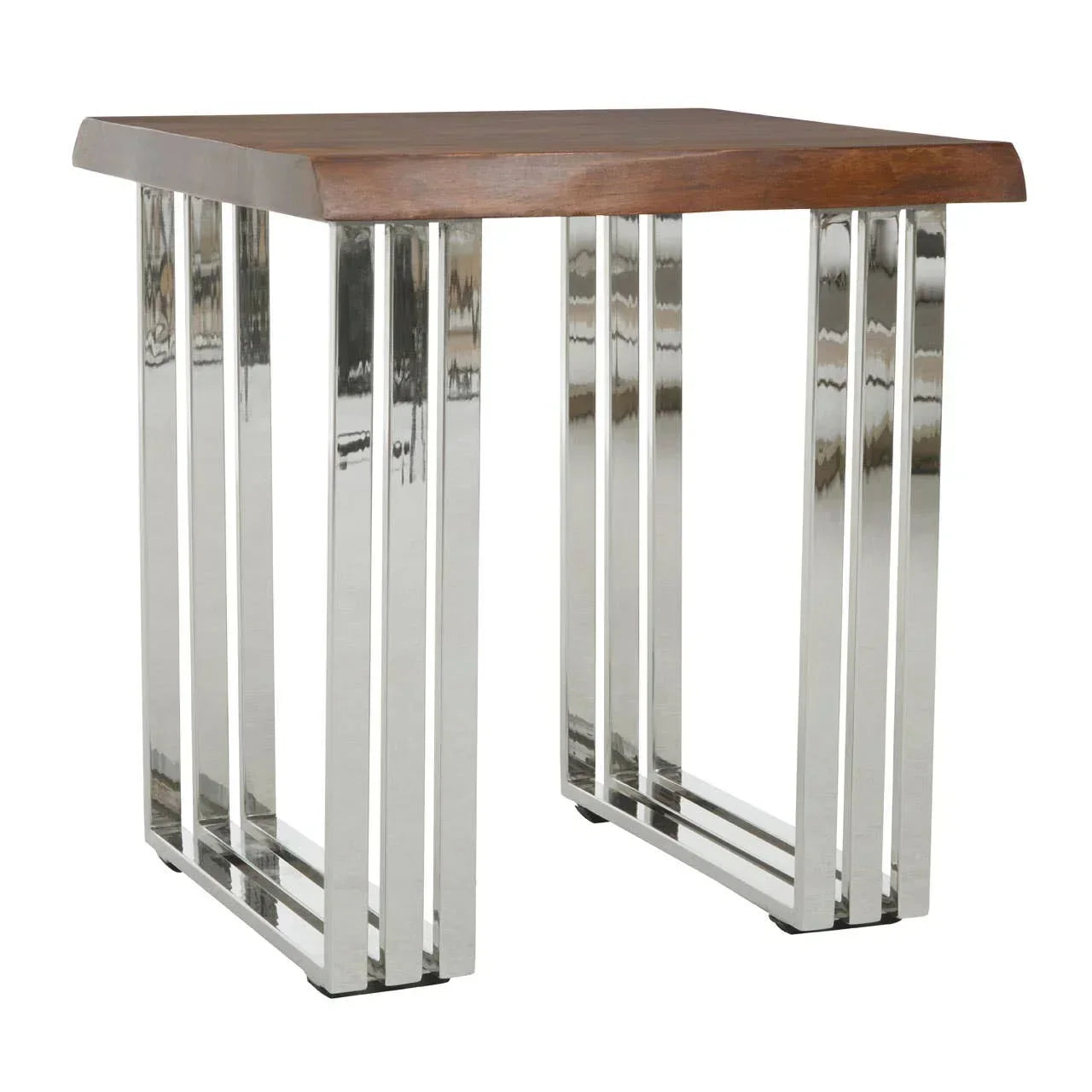 Square side table with solid wood top and chrome metal legs, modern furniture design