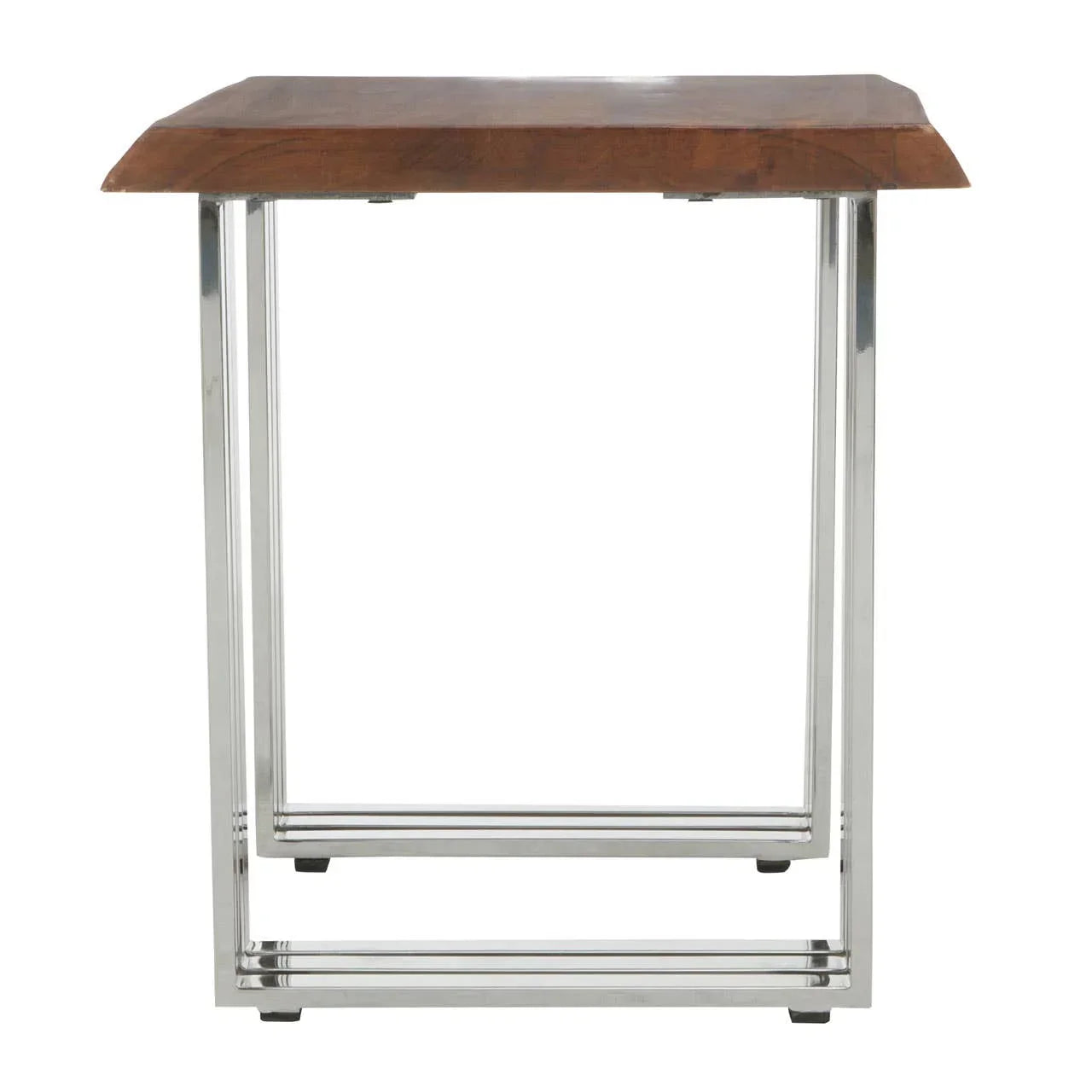 Modern side table with natural wood top and chrome metal frame, front view
