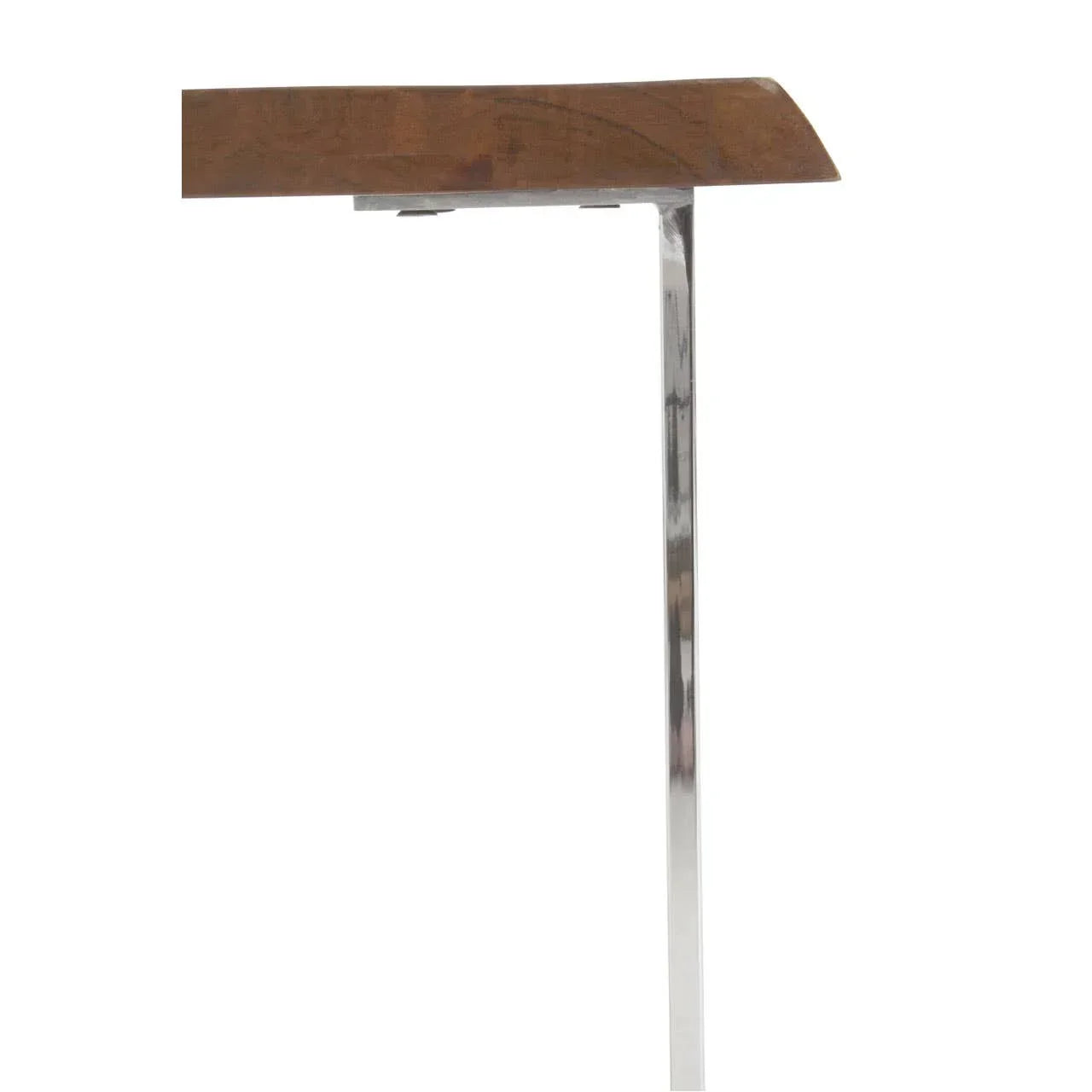 Side view of console table with brown wooden top and slim chrome metal leg