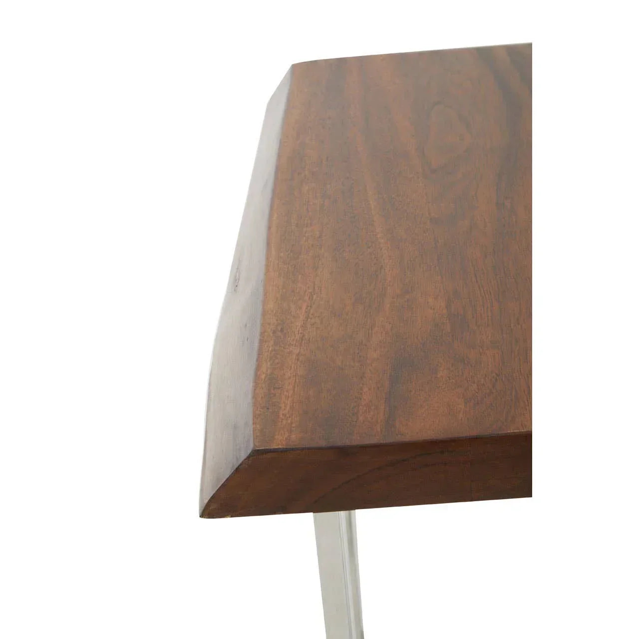 Close-up of solid wood dining table top with natural grain and metal leg