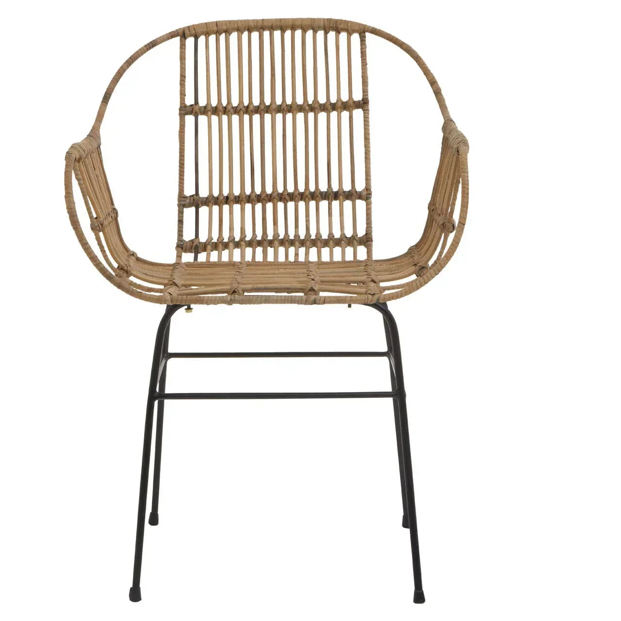 Natural rattan dining chair with curved back and black metal legs, front view