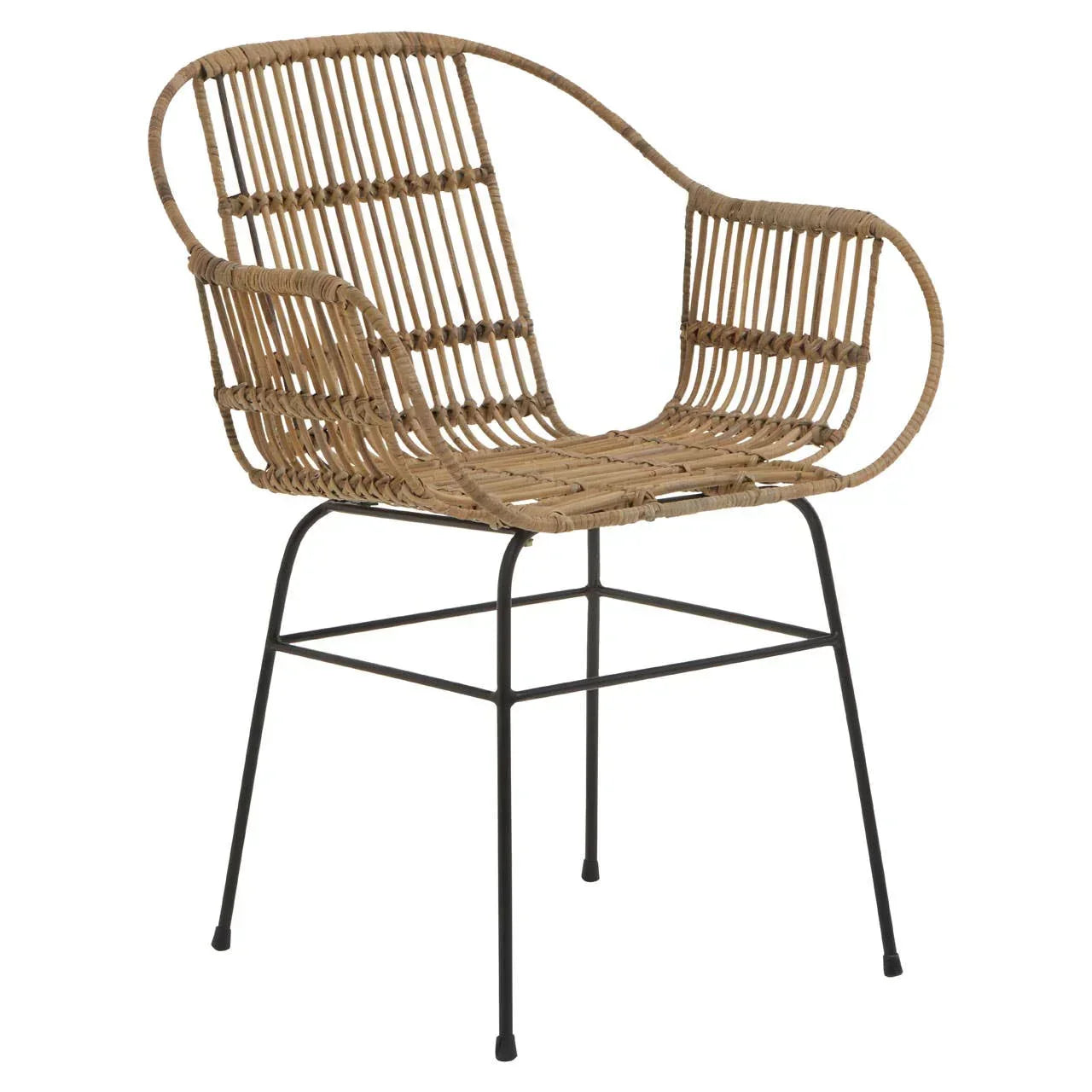 Natural rattan dining chair with curved backrest and black metal legs