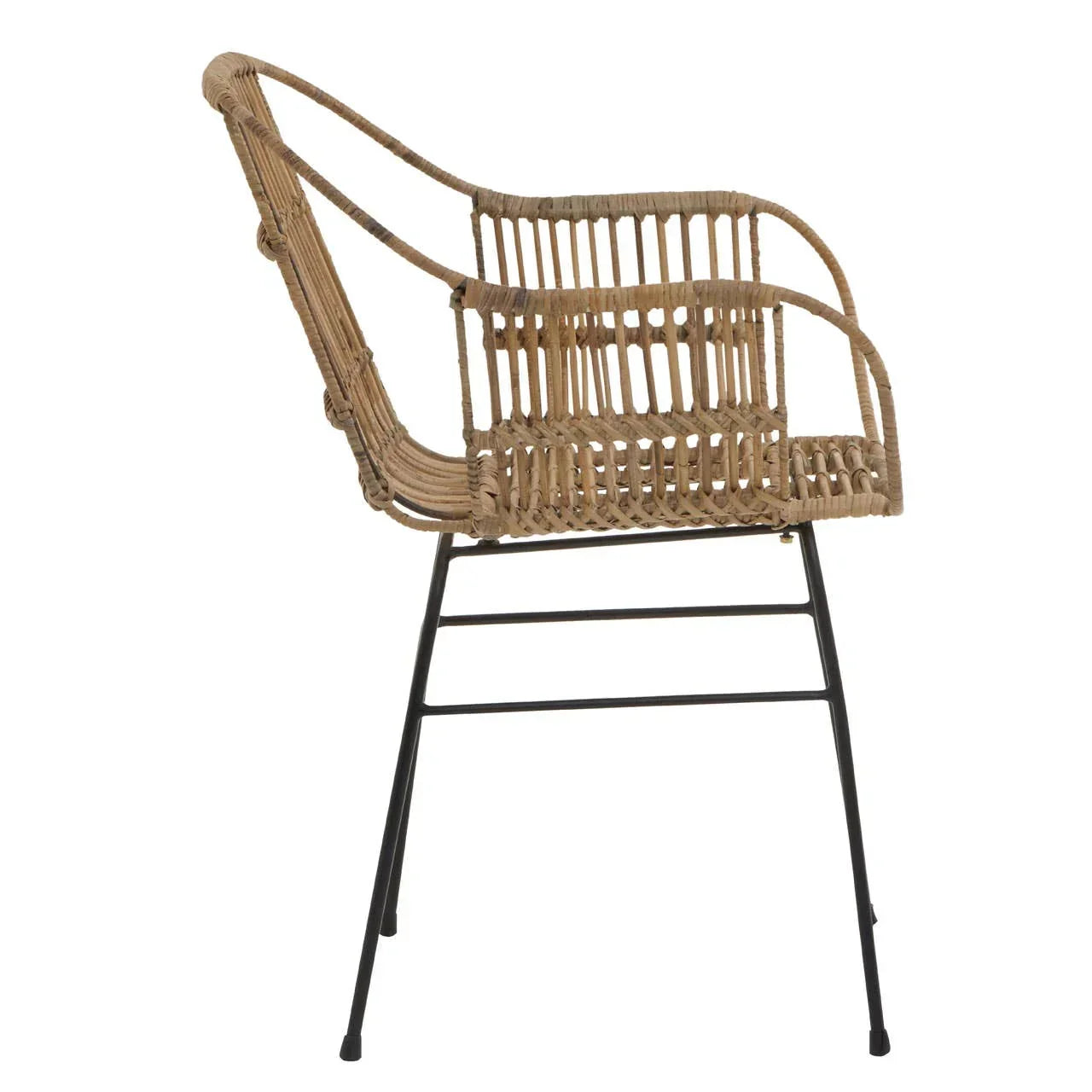 Natural rattan dining chair with open weave design and black metal legs, side profile view