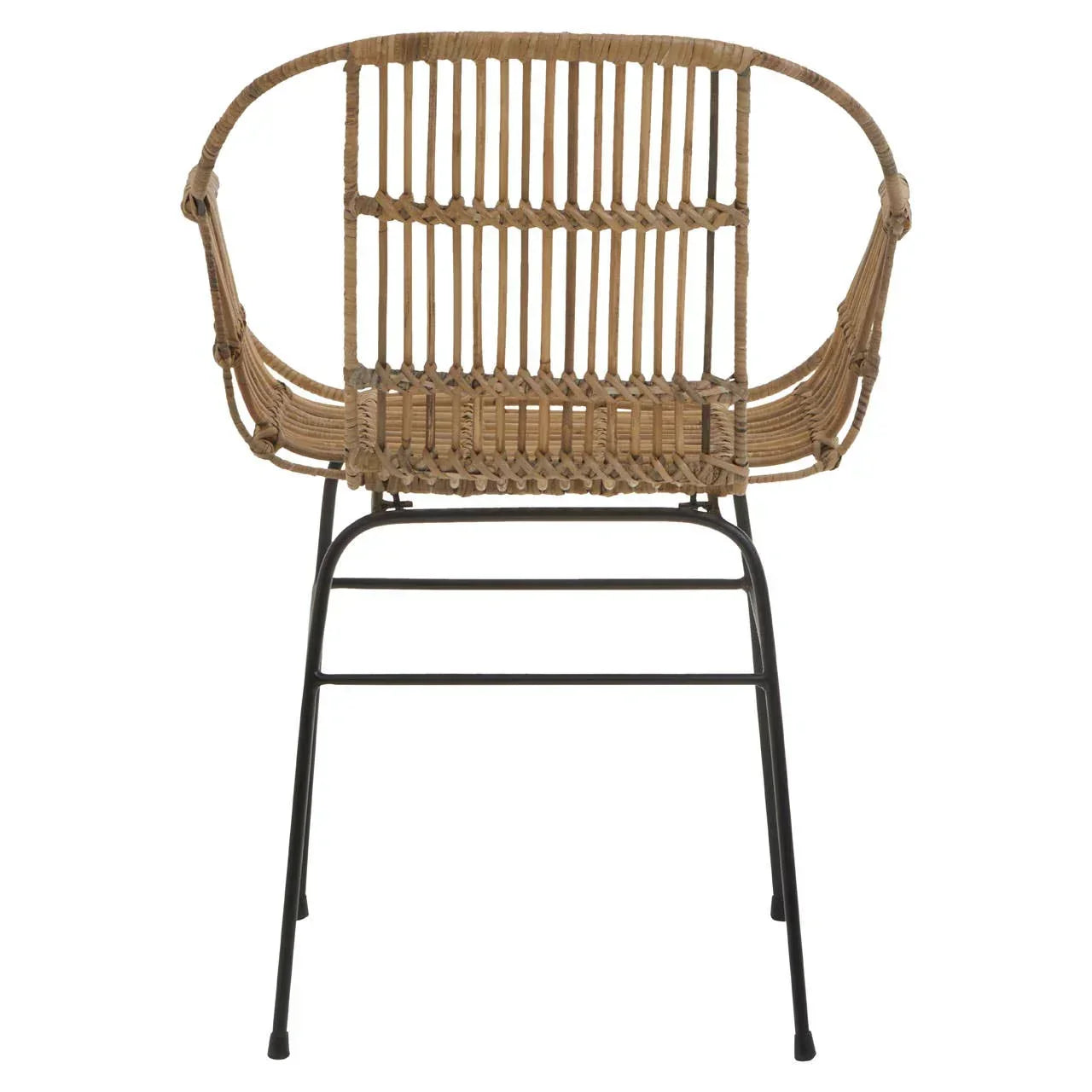 Rattan dining chair with woven seat and curved back, black metal legs, rear view