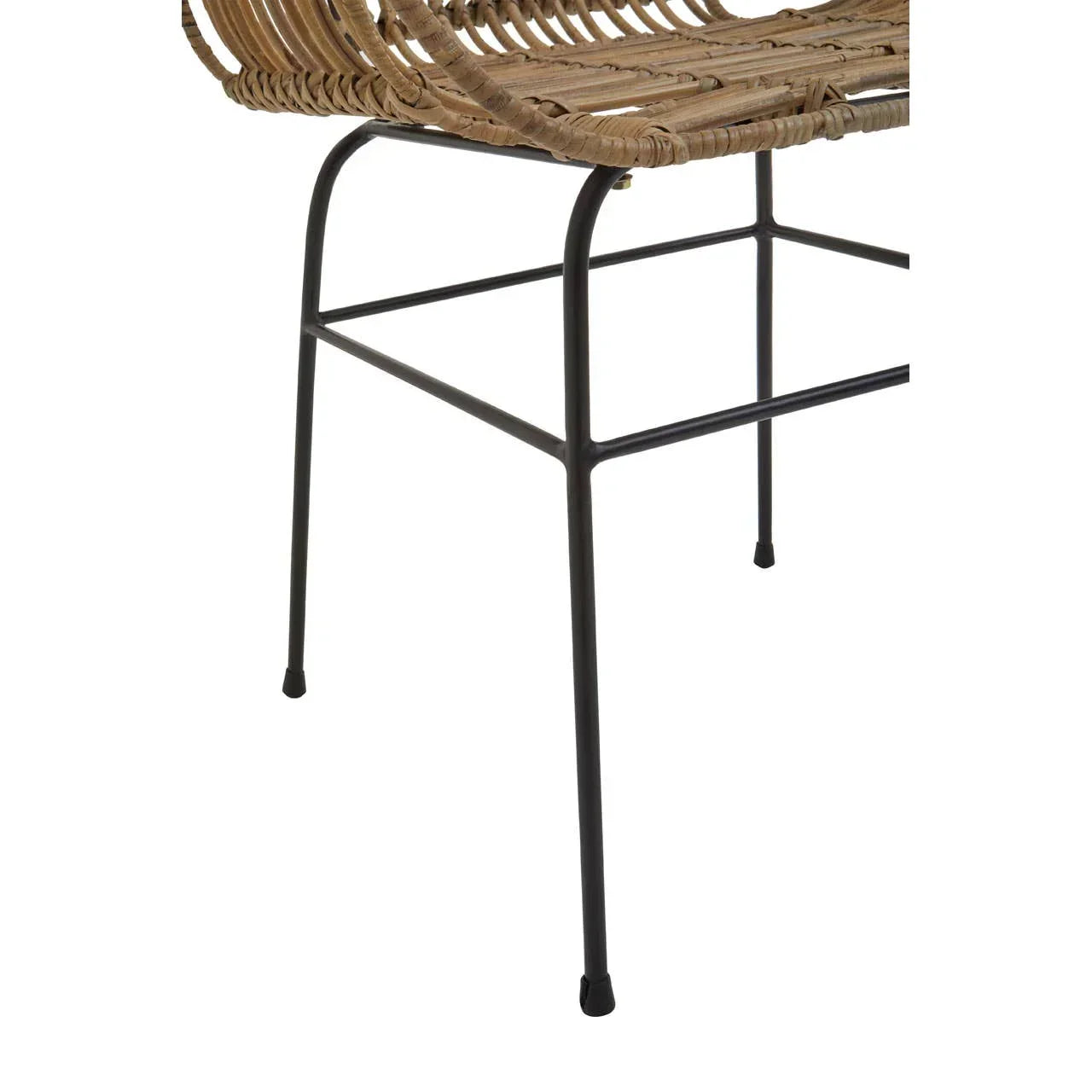 Close view rattan chair seat with black metal legs and curved woven pattern