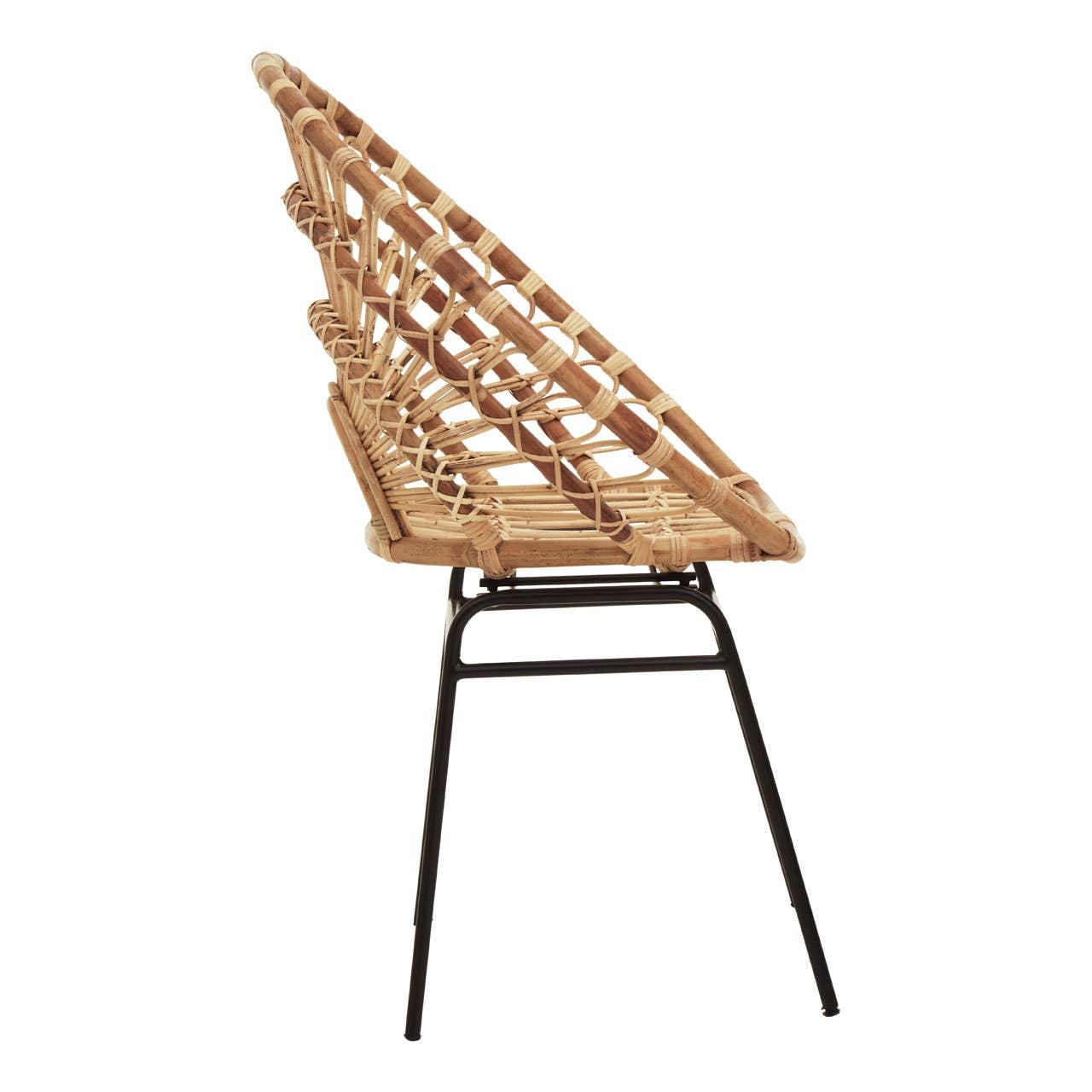 Natural rattan chair with a sunflower-inspired design, featuring a slatted backrest and a sleek black metal frame, viewed from the side