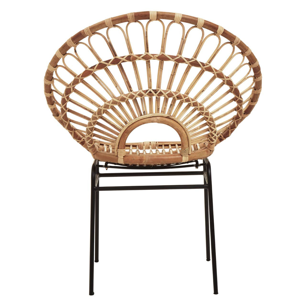 Natural rattan chair with a sunflower-inspired design, featuring a circular backrest and a sturdy black metal frame. The chair showcases a woven pattern that highlights the texture of the rattan, creating a stylish and airy look suitable for home decor