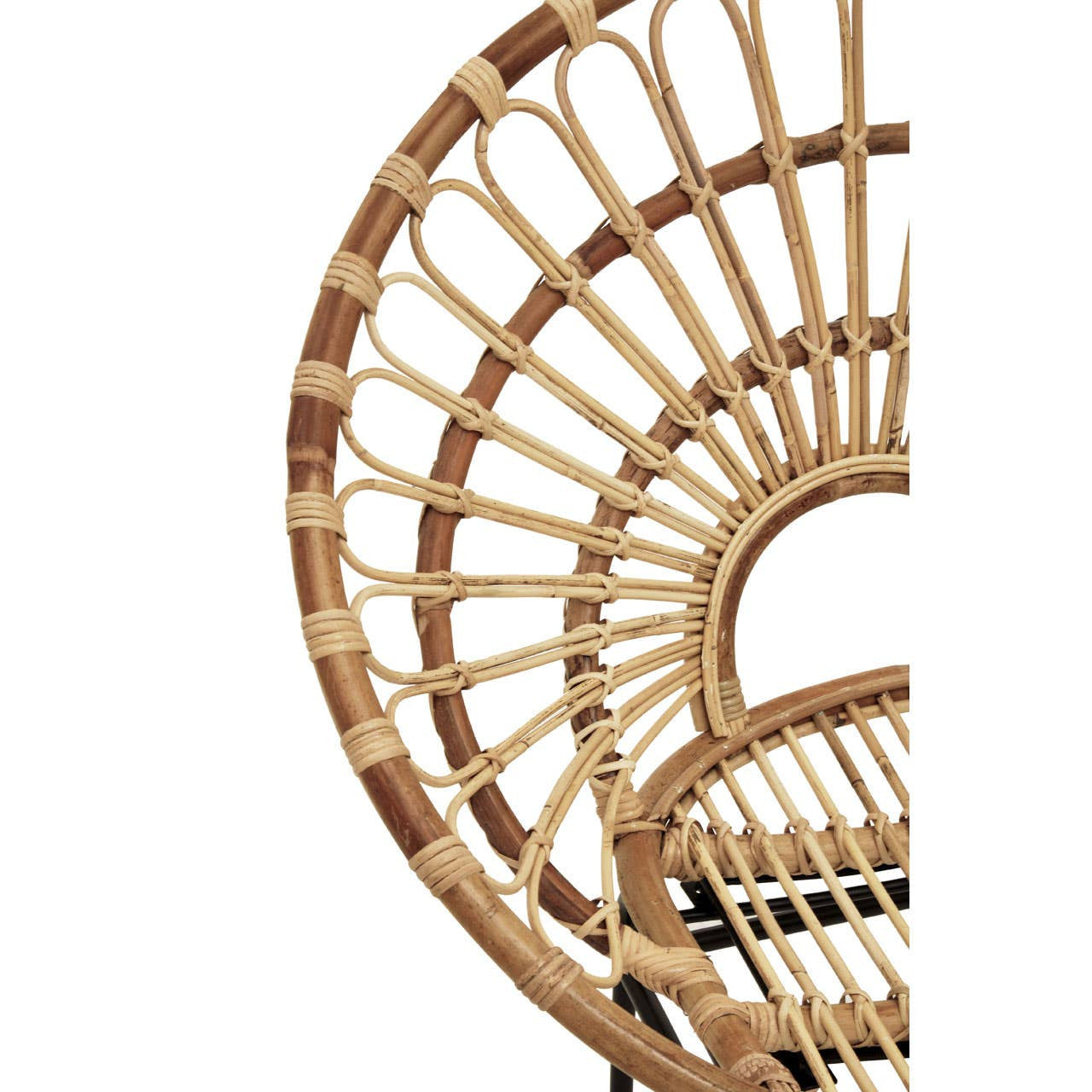 Natural rattan chair with a sunflower-inspired design, showcasing a circular backrest made of woven rattan strands. The chair features a light, airy appearance with a smooth finish, highlighting the organic texture of the material