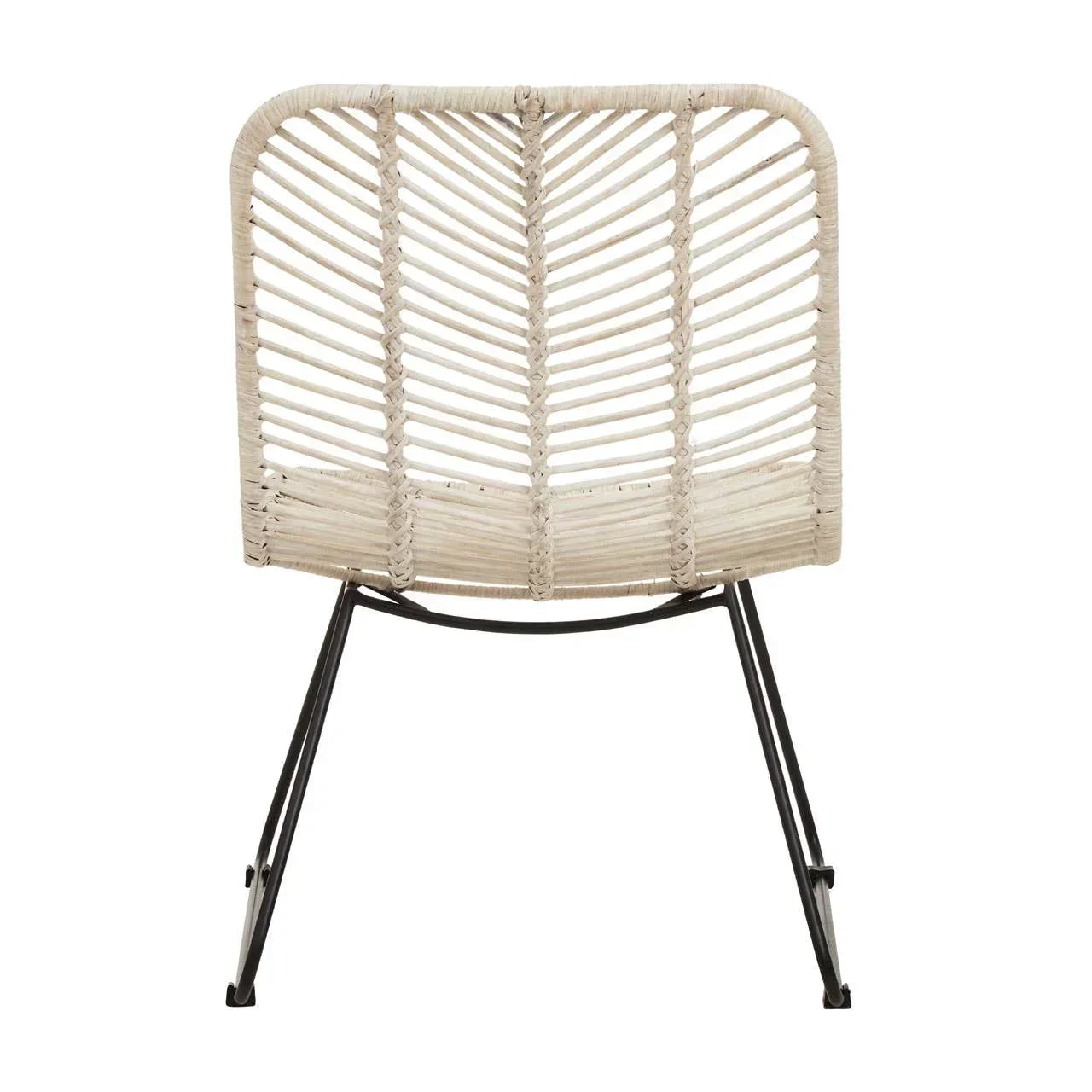 Natural rattan accent chair with woven backrest and black metal legs, rear view