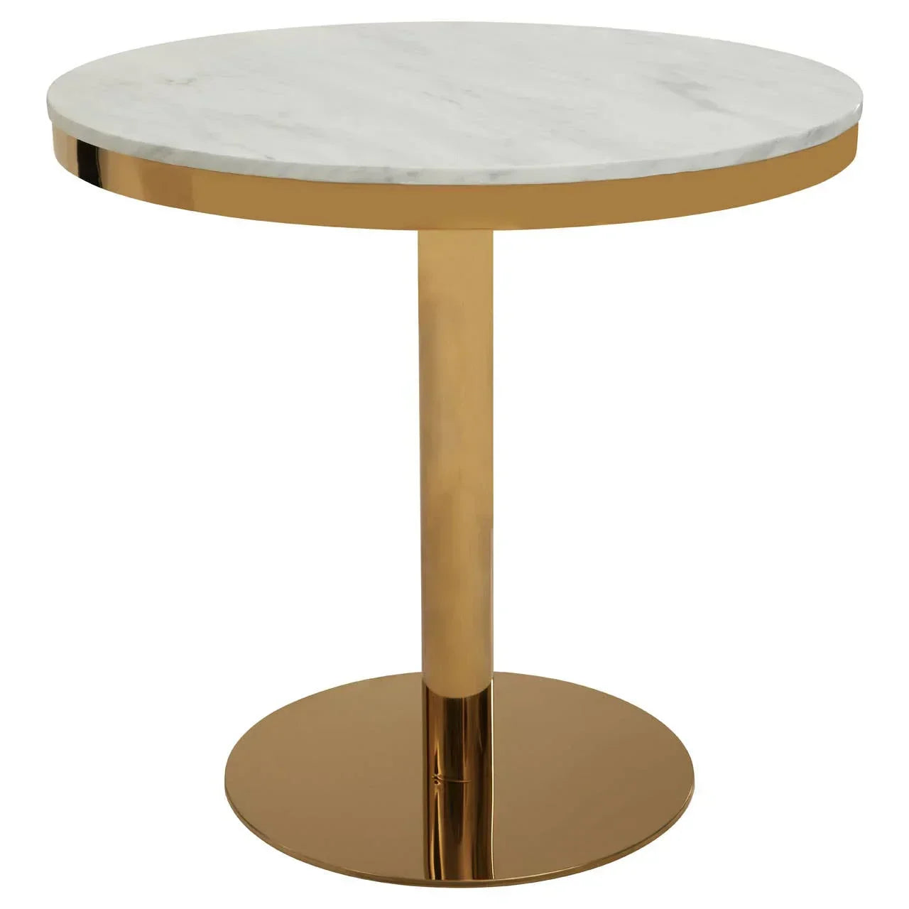 Round side table with white marble top and gold metal pedestal base