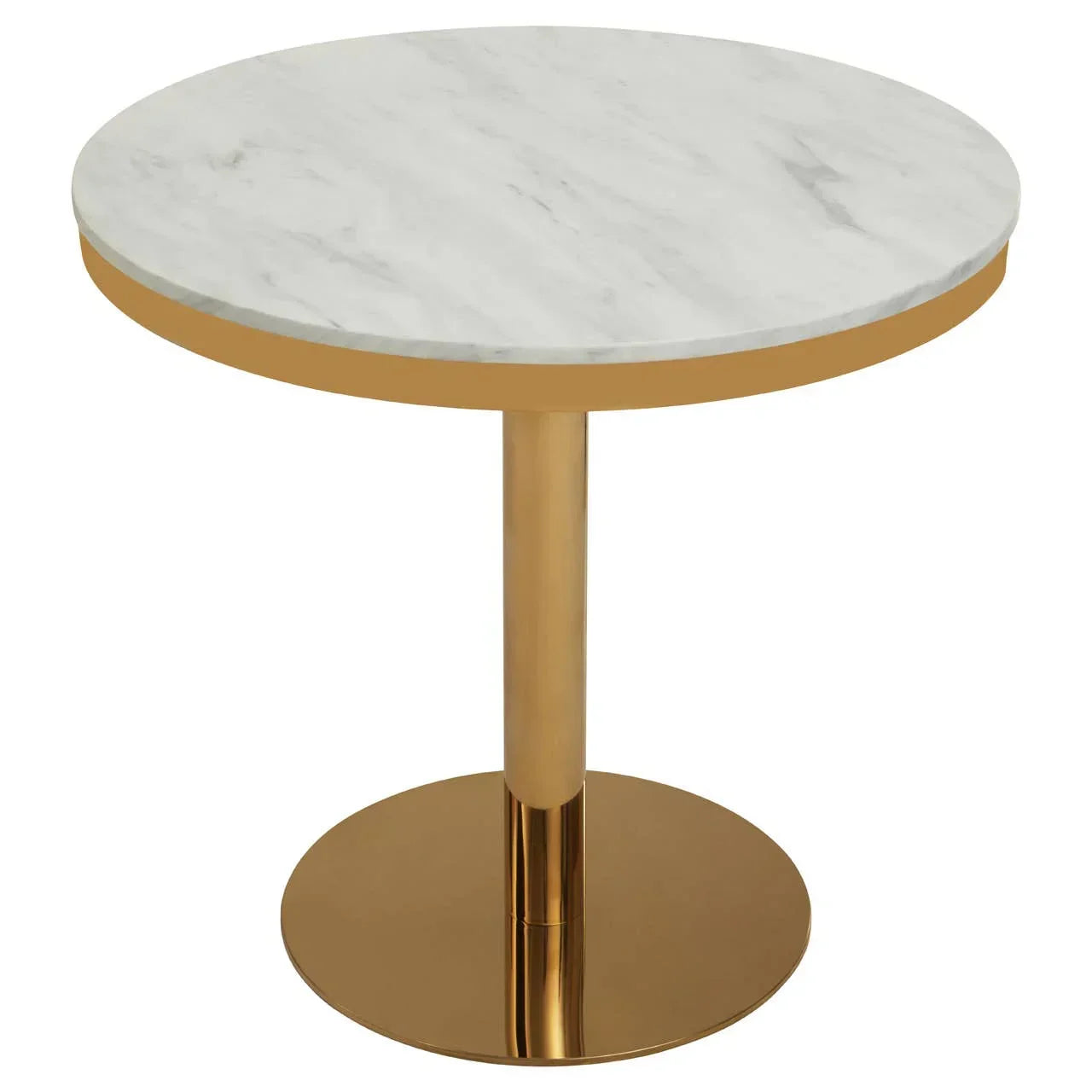 Round side table with white marble top and gold metal base
