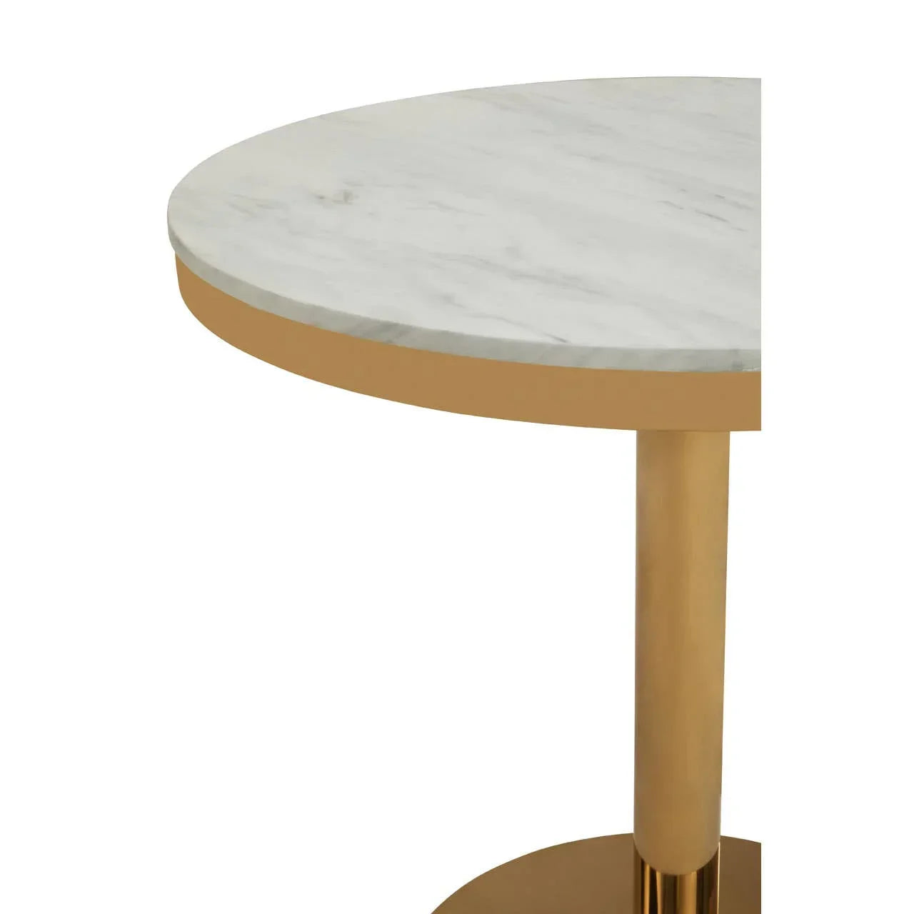 Round marble top side table with gold metal base, close up of surface and leg