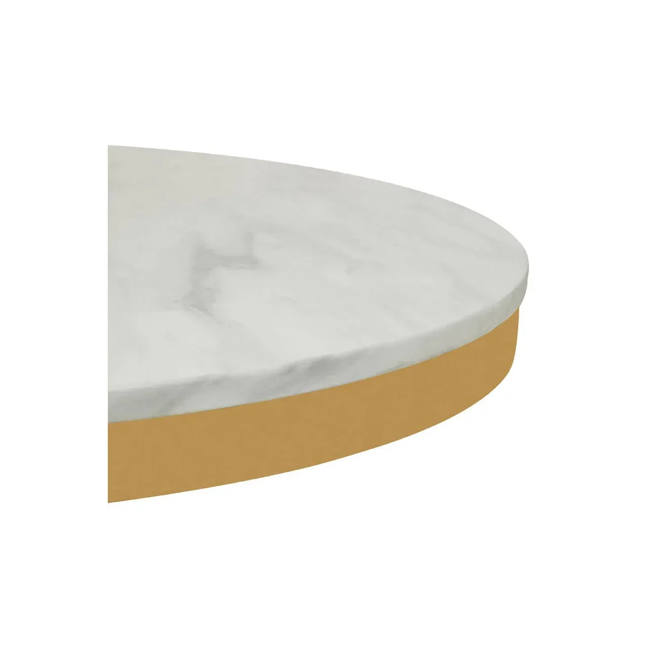 Round coffee table with white marble top and gold base, close-up of edge detail