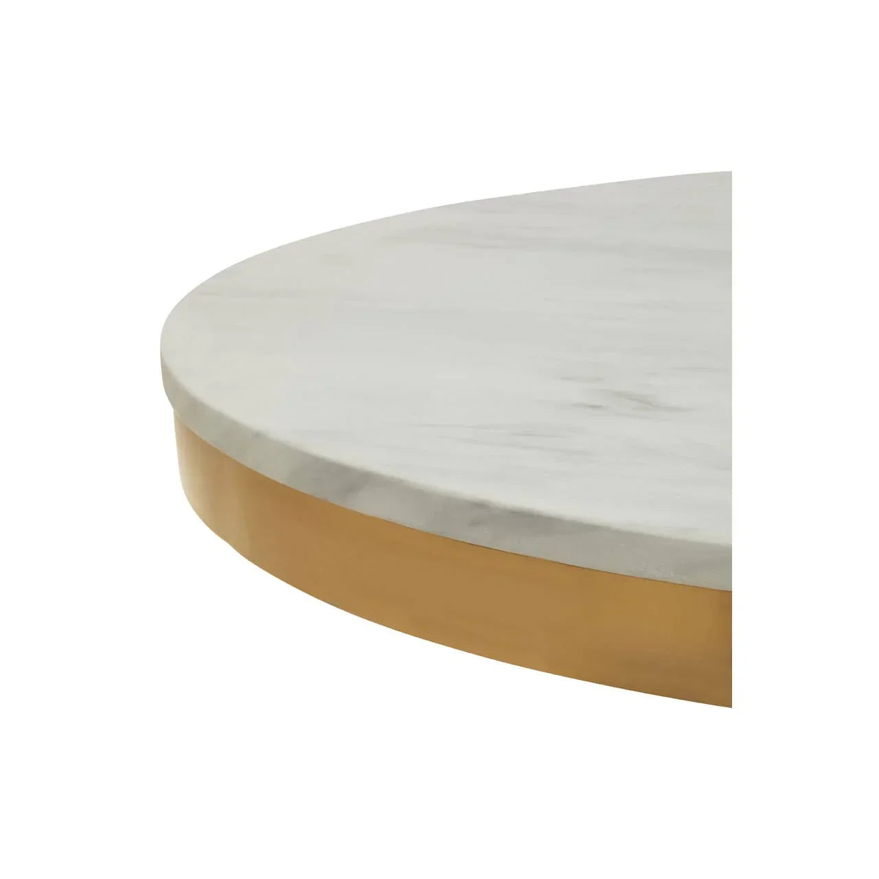Closeup of round marble tabletop with gold base, showing smooth edge and polished finish
