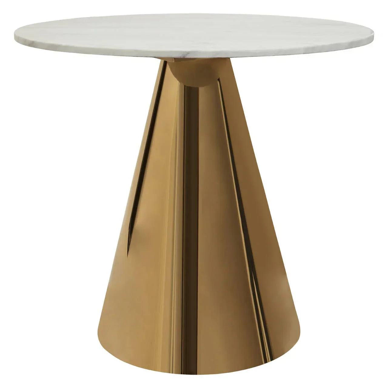 Round marble top dining table with gold cone metal base