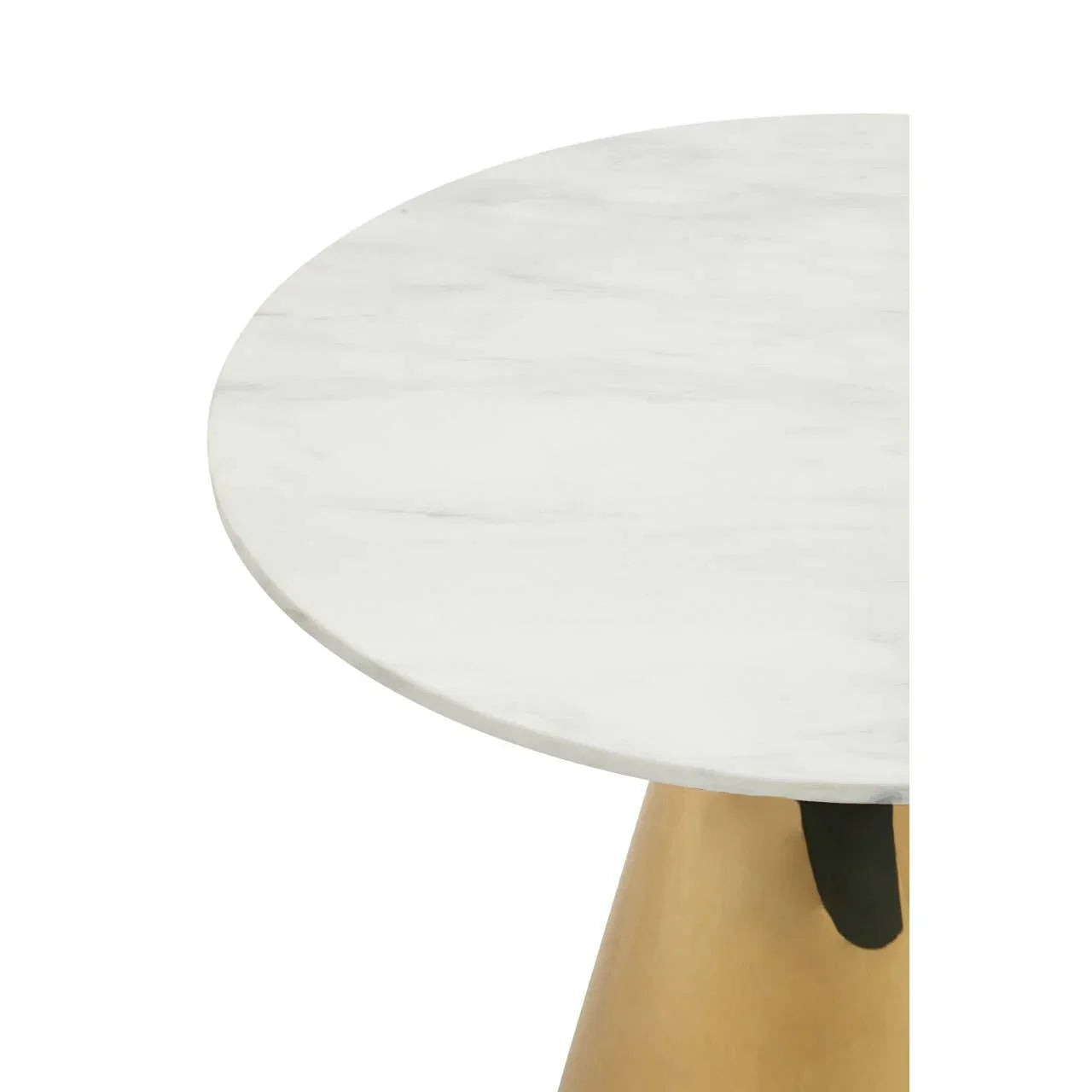 Round white marble table top with gold tapered base, partial side view