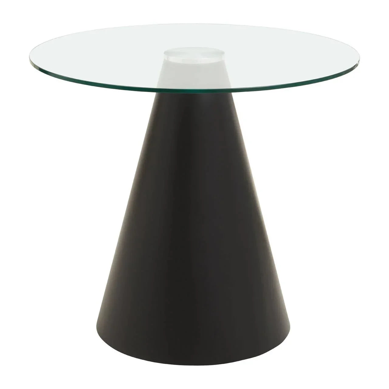 Round glass top side table with black cone base, modern occasional furniture