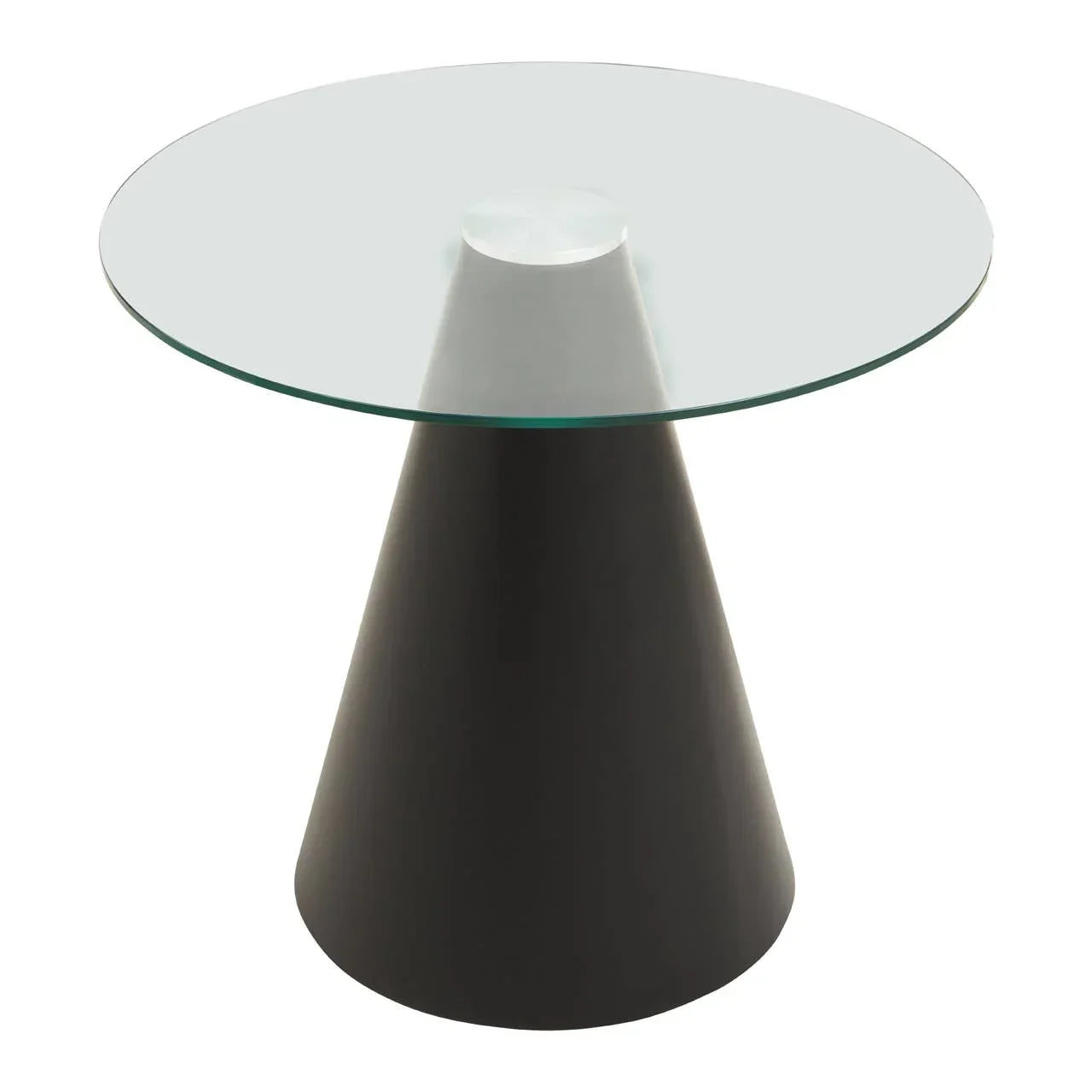 Round glass top side table with black conical base, modern design