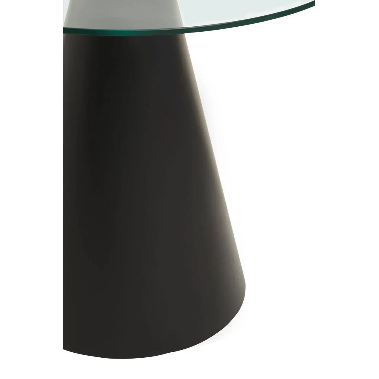 Close up of black metal table base with round glass tabletop