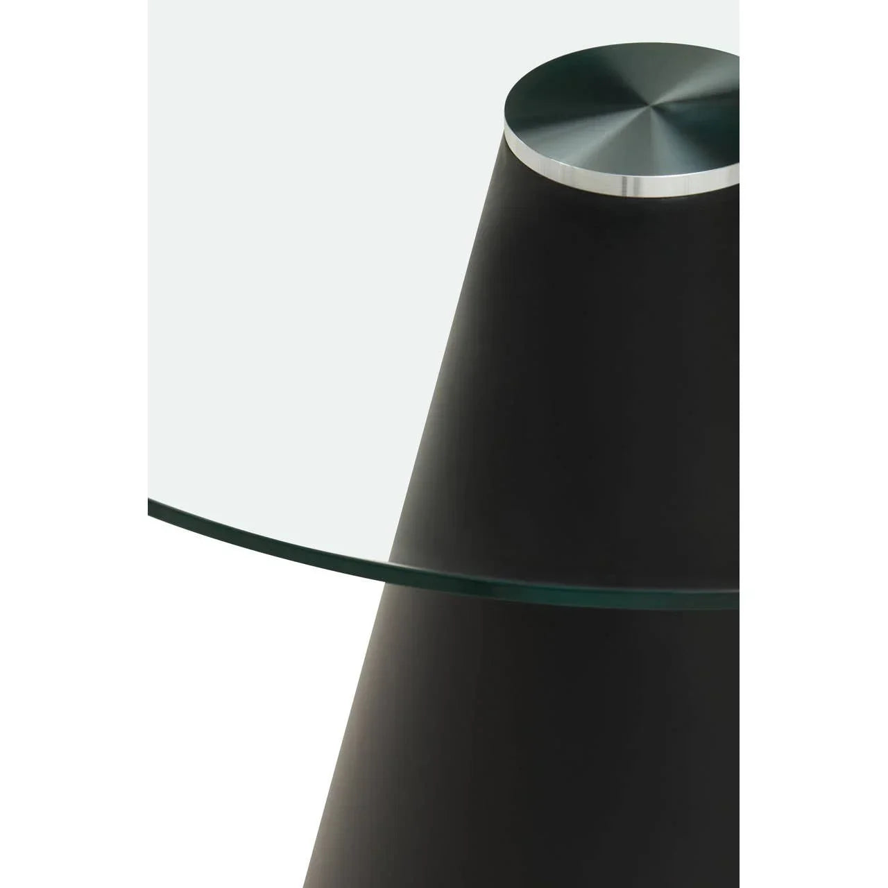 Round glass dining table top with black cone metal base detail