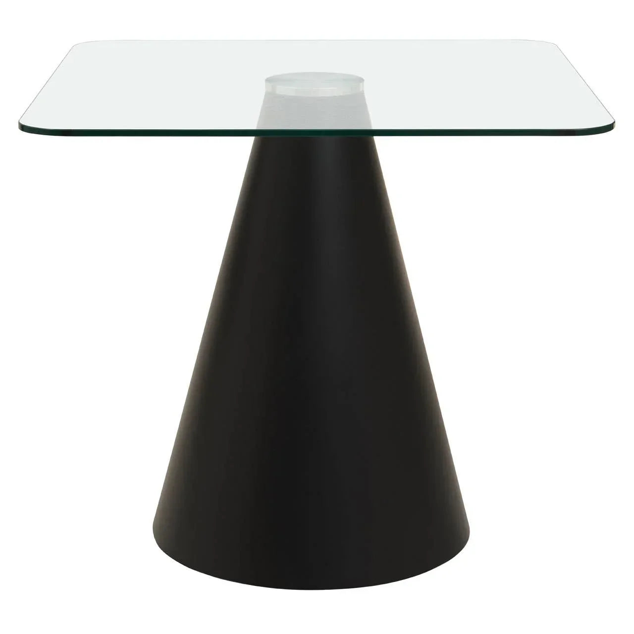 Modern glass top side table with black cone base, square clear glass surface