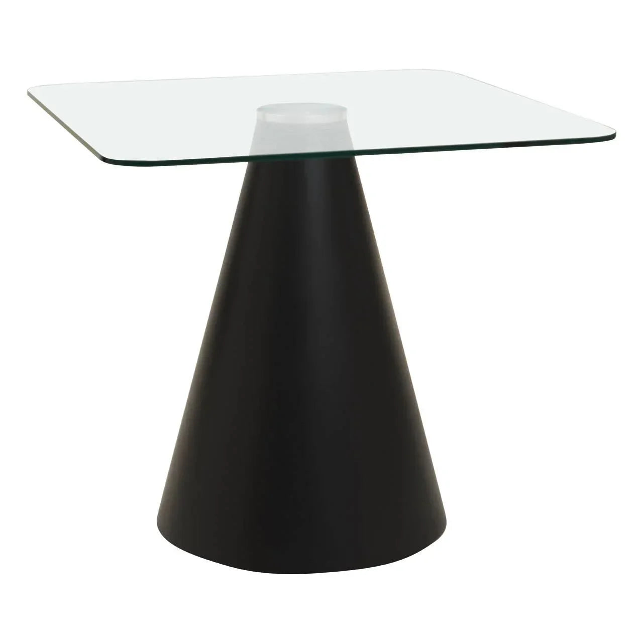 Square glass top side table with black conical metal base, modern furniture design