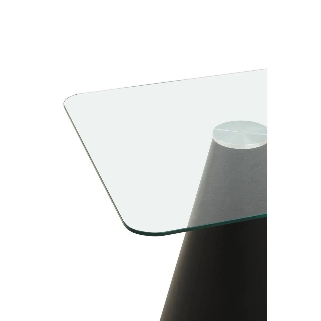 Close-up of glass dining table corner with black conical base