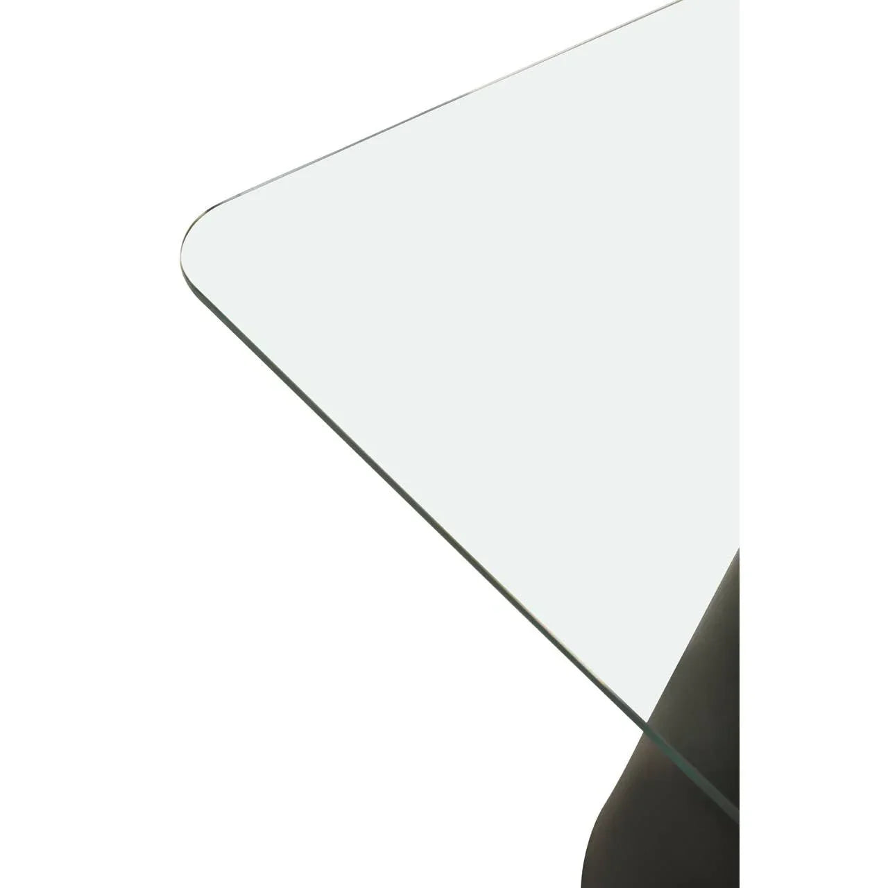 Corner detail of clear glass dining table top with rounded edge