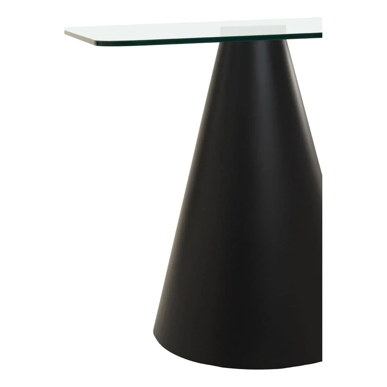 Modern side table with clear glass top and black cone pedestal base