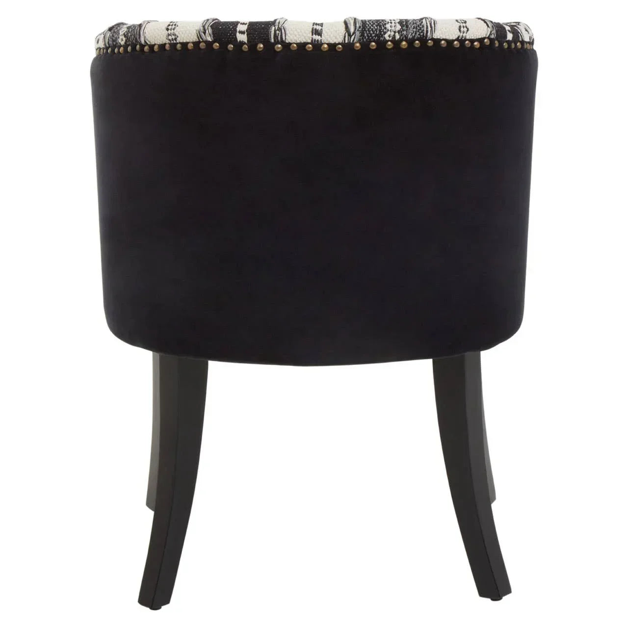 Rear view of black velvet accent chair with studded trim and dark wooden legs