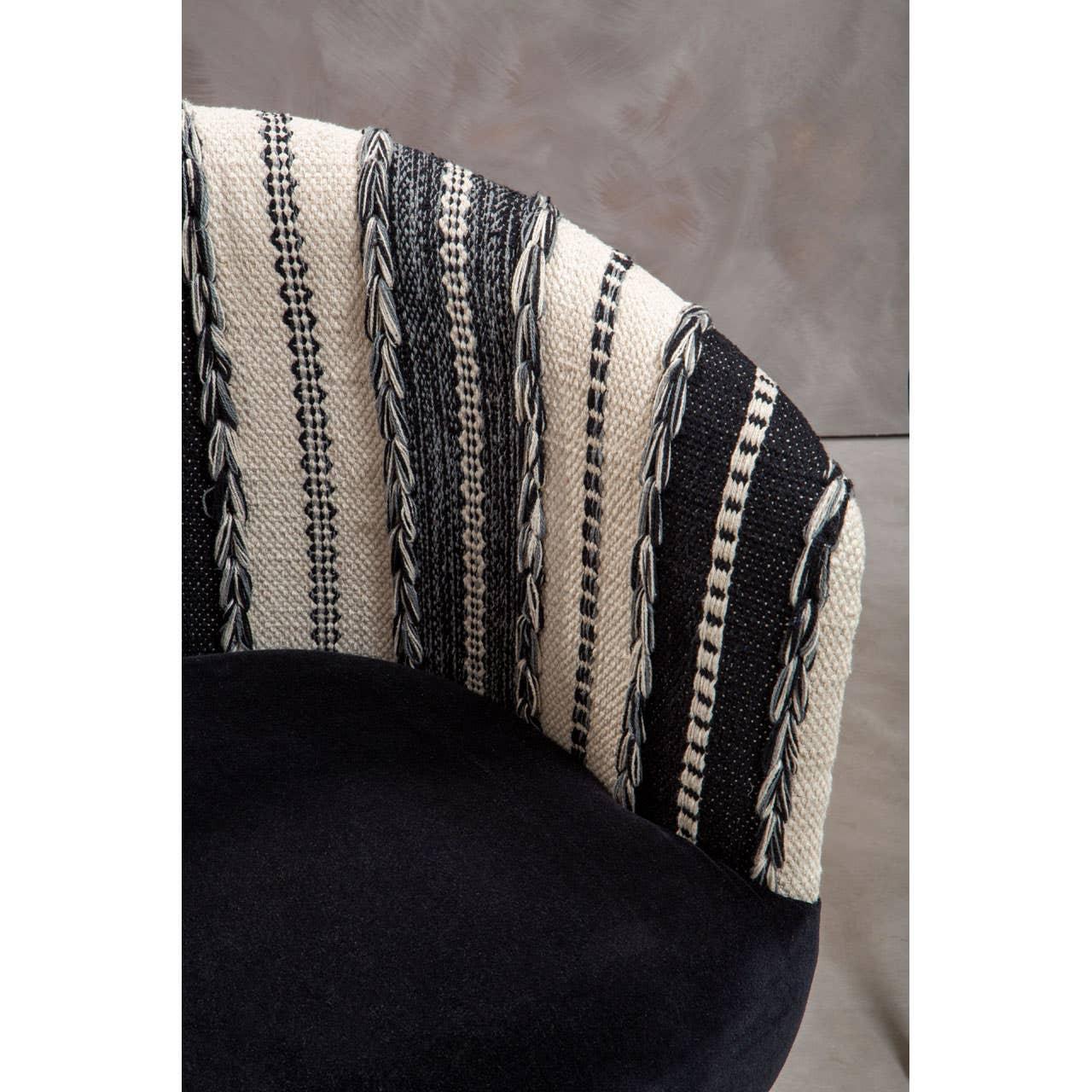 Black and cream woven fabric accent chair with curved backrest and striped pattern detail