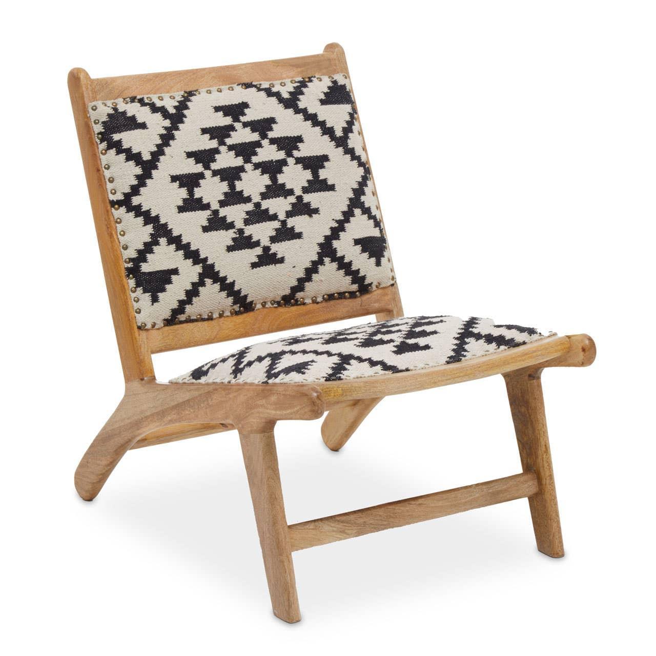 Wooden accent chair with black and white geometric fabric seat and backrest
