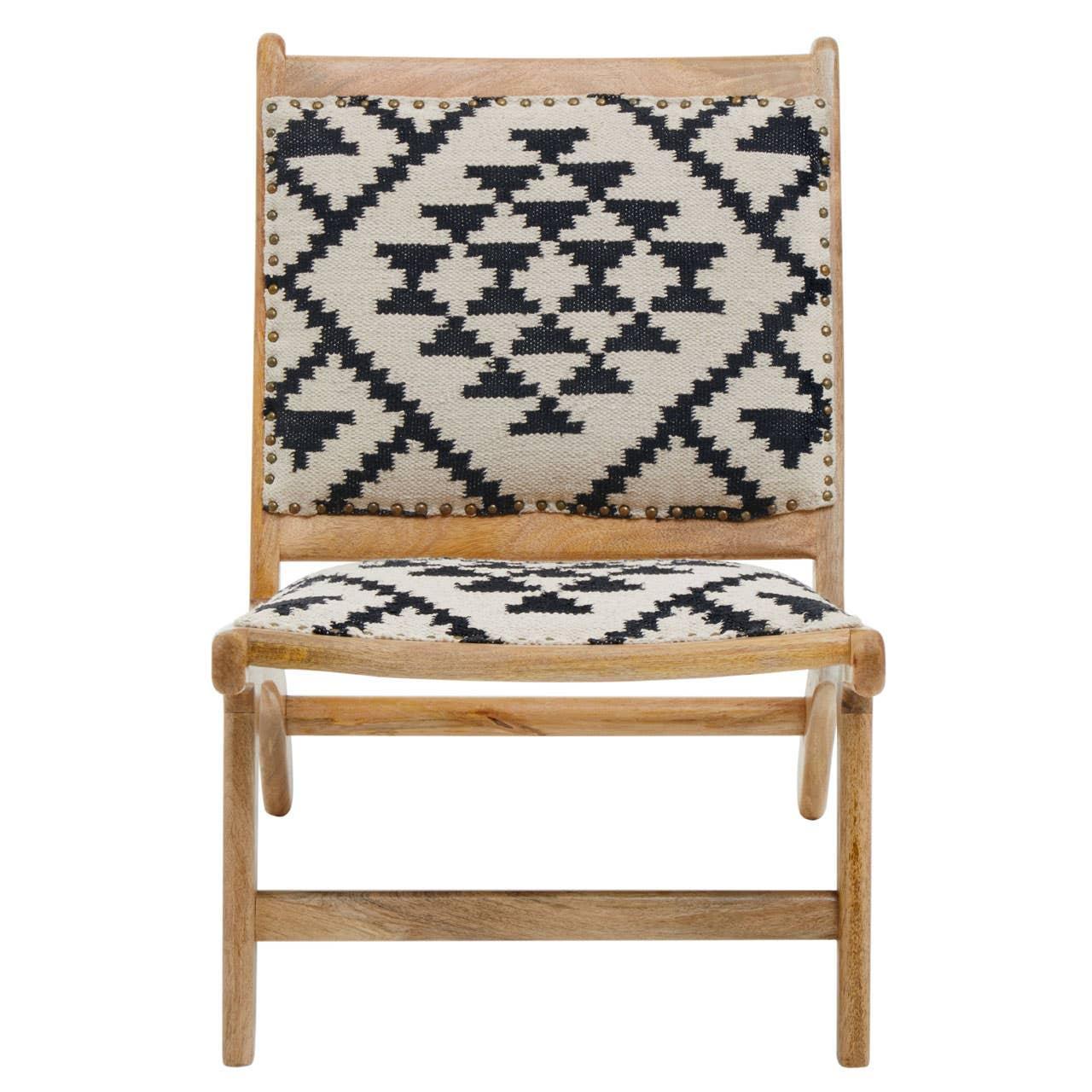 Modern accent chair with black and cream geometric fabric and light wood frame, front view