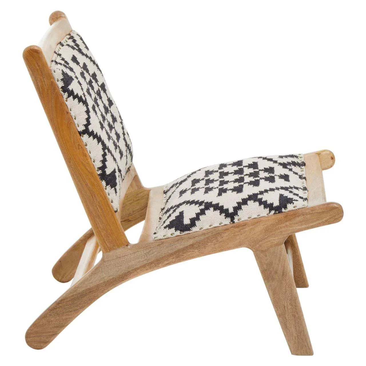 Wooden lounge chair with black and white patterned fabric seat and backrest, side view