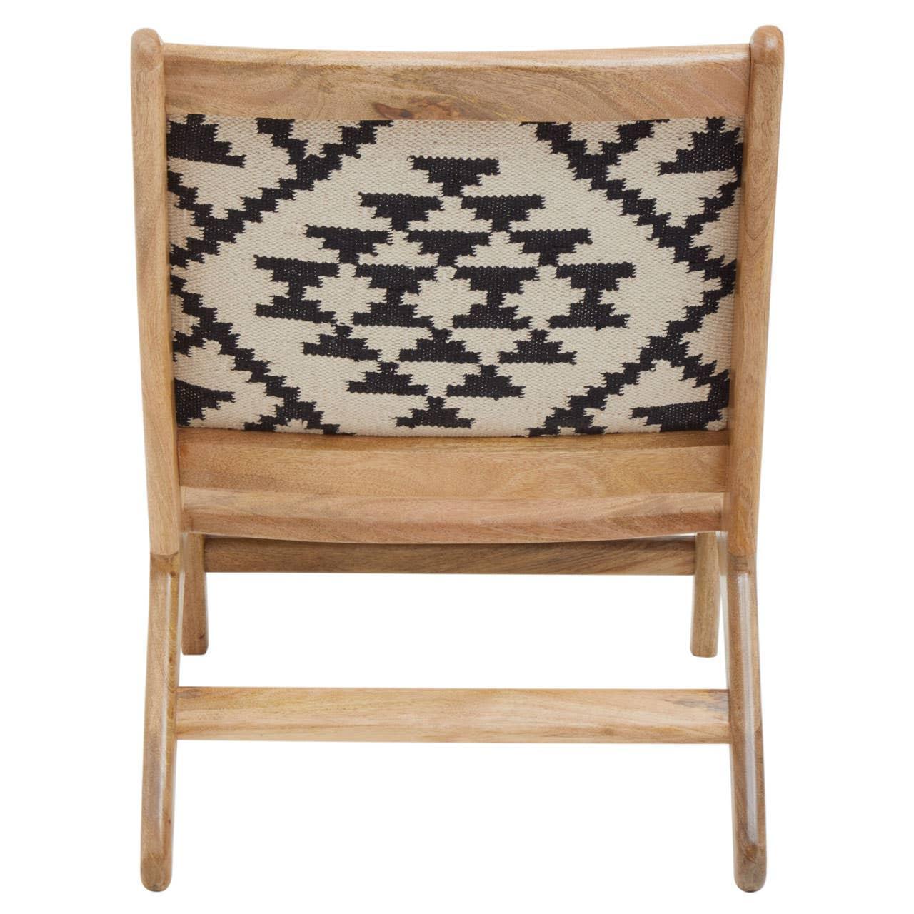 Wooden accent chair with black and cream geometric patterned fabric backrest, rear view