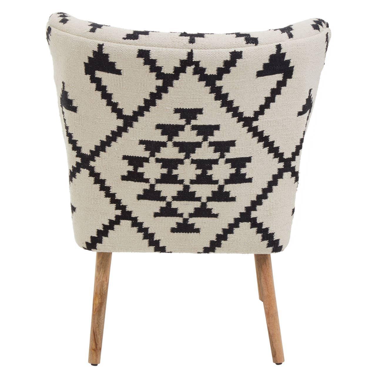 Dining chair with black geometric pattern and wooden legs, rear view
