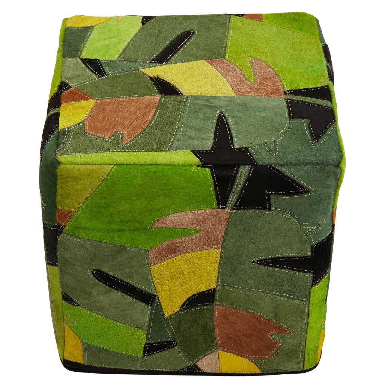 A square pouffe featuring a vibrant botanical pattern in shades of green, yellow, and black, designed for home decor. The pouffe has a soft leather texture and a structured shape, making it suitable for use as a footrest or additional seating