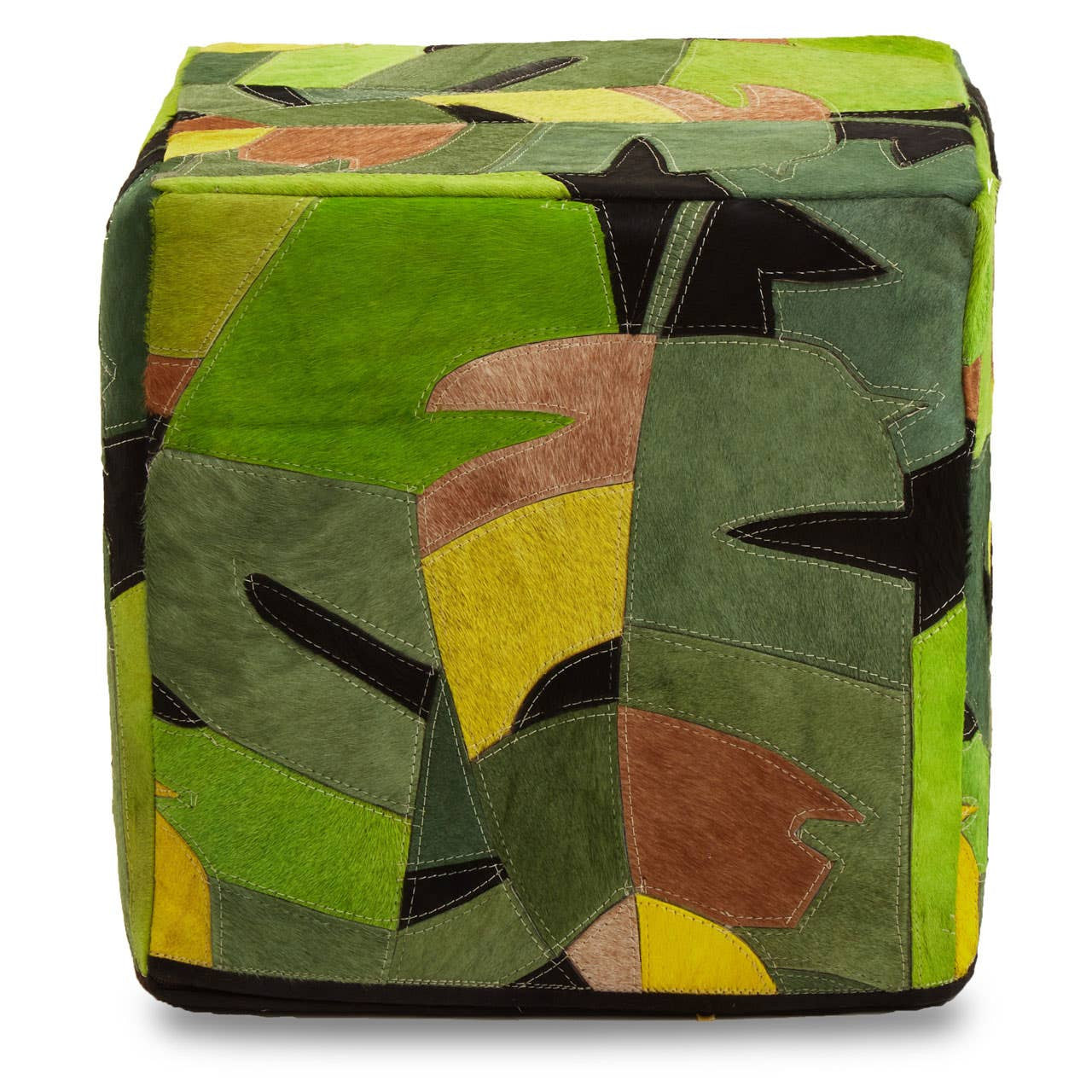 A square pouffe covered in a vibrant botanical print featuring various shades of green, yellow, and brown leaves. The pouffe has a soft leather texture and a structured shape, suitable for use as a footrest or additional seating
