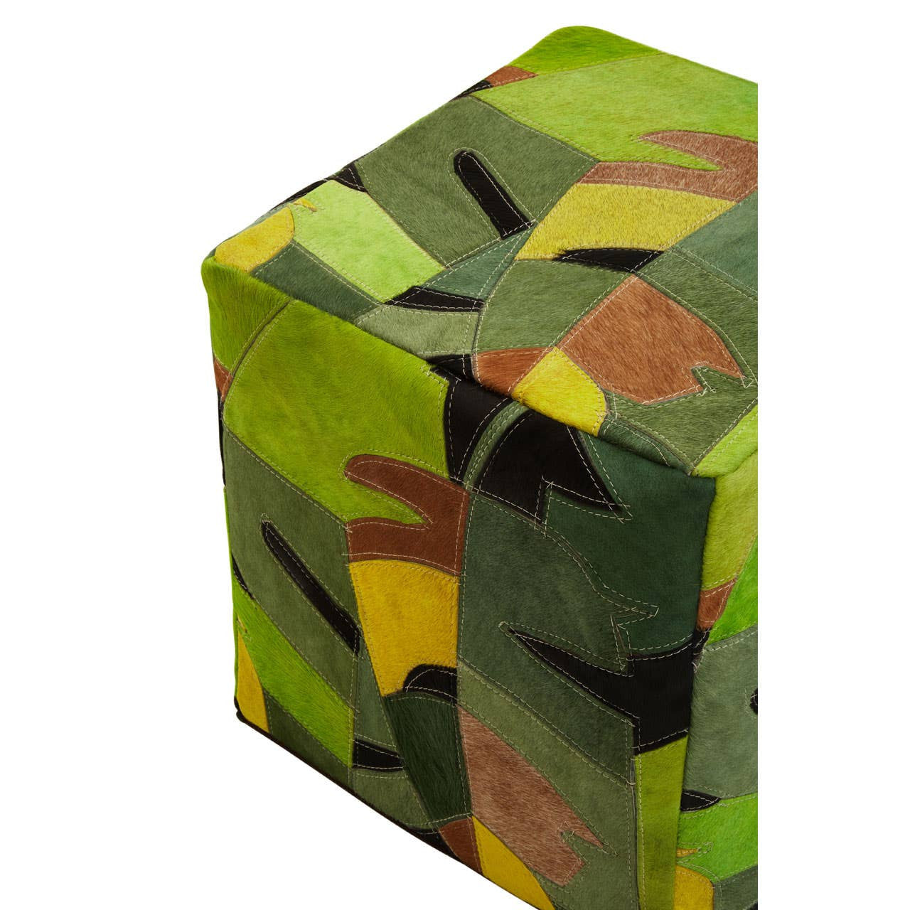 A colorful pouffe featuring a botanical pattern with shades of green, yellow, and brown, showcasing a modern design suitable for home decor. The pouffe has a cube shape and is upholstered in leather, providing a stylish and functional seating option