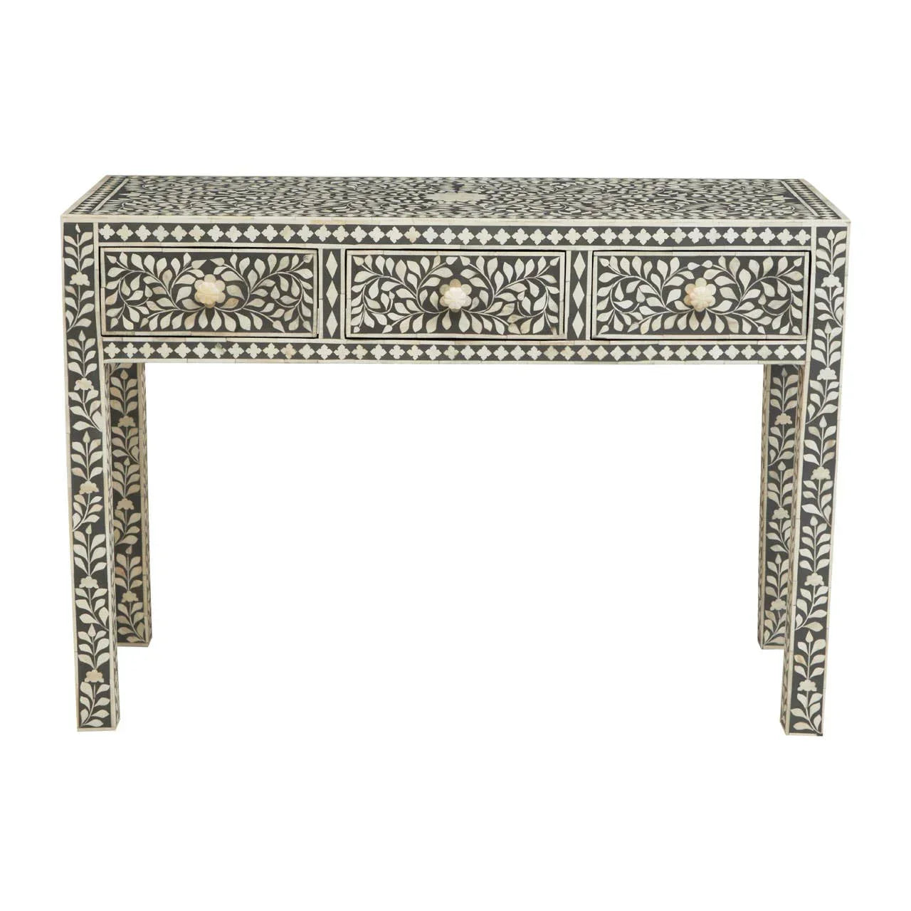Black and ivory patterned console table with three drawers and floral bone inlay design