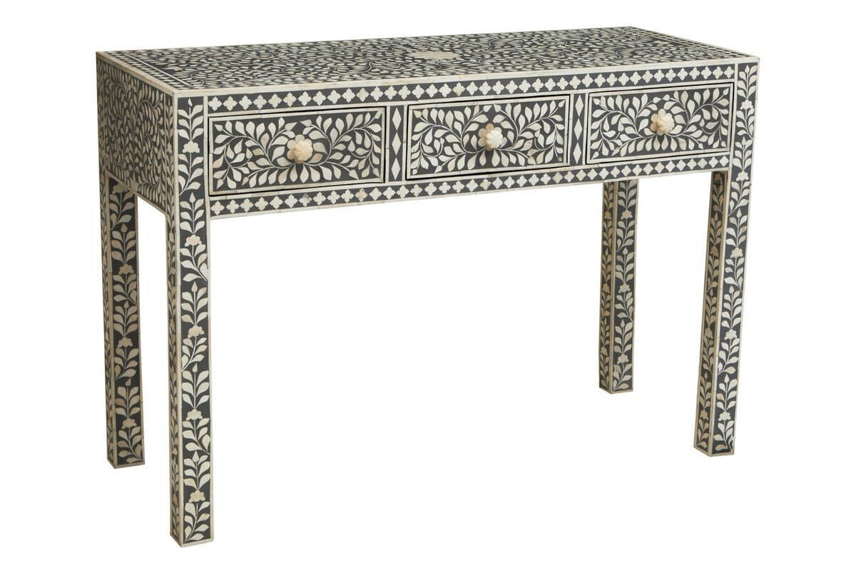 bone inlay console table with floral pattern and three drawers, black and cream finish